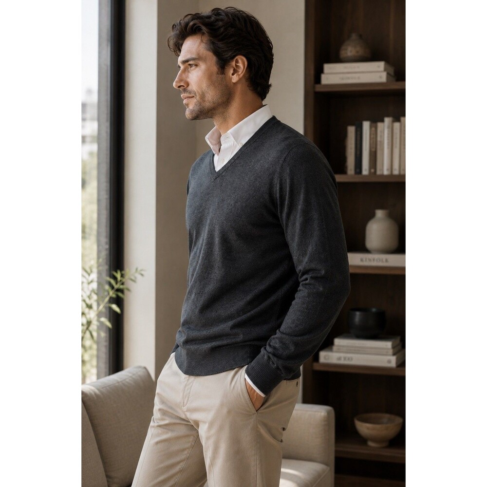 Calvin Klein Men’s L Gray Wool Knit V-Neck Pullover Sweater Long Sleeve